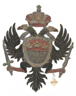Coat of arms cartouche, restitution, embroidery: heraldic double-headed eagle bearing coats of