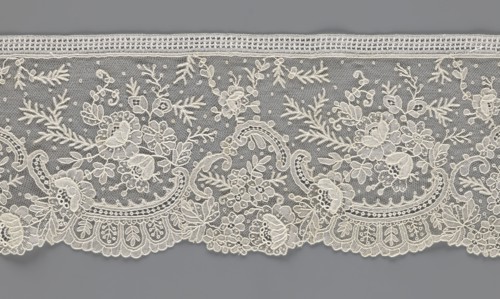 Lace fragment, lace, floral ornaments with rocaille motifs, over-stylized fan-shaped ribbons with