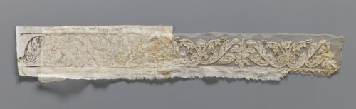 Two fragments of appliqués on batiste tulle. a/ with a floral tendril pattern. b/ with a fragment