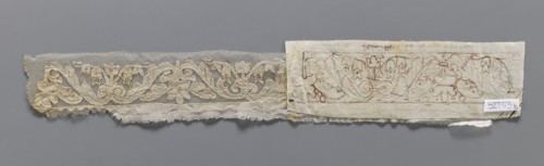 Two fragments of appliqués on batiste tulle. a with a floral tendril pattern. b with a fragment of