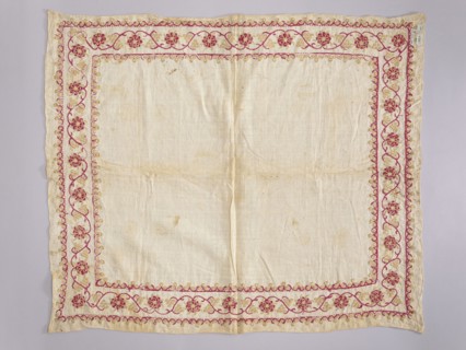 Church napkin. Napkin of white linen canvas edged with a band embroidered with silk and gold thread