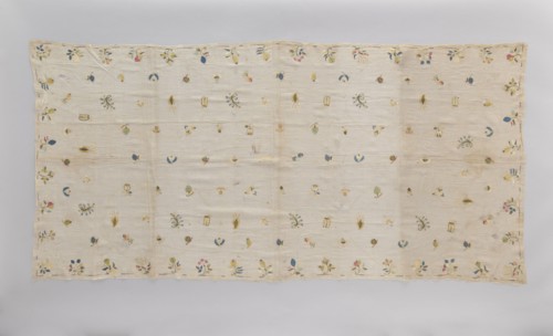 Church napkin tablecloth made of very thin linen batiste covered with multicolored silk embroidery.