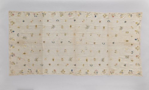 Church napkin tablecloth made of very thin linen batiste covered with multicolored silk embroidery.