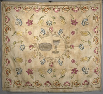 Church napkin of cream now yellowed silk morosa, embroidered with colorful silk threads and metal