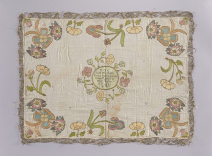 Church napkin vellum? made of white linen batiste embroidered with multicoloured silk threads. In