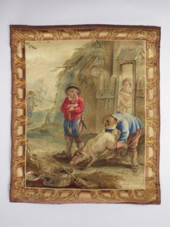 Figural tapestry, floral ornaments, pigs, genre and rural scenes against a landscape background,