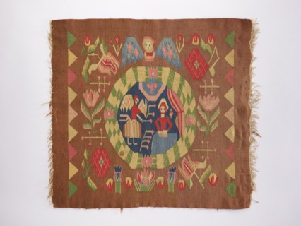 Ornamental-figural tapestry, flowers, floral ornaments, angels, Copernicus, Mary mother of Jesus