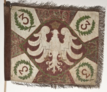 Double-sided scout pennant with painted decoration and inscriptions; vexil featuring a crown motif,