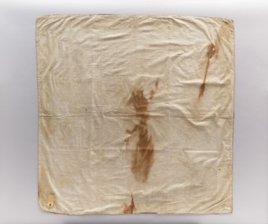 Church napkin of white satin, sewn from three pieces of fabric piece width 44 cm, embroidered. The