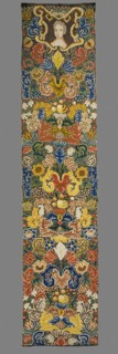 Tapestry embroidered in wool and silk on linen canvas. In the upper part, within a decorative
