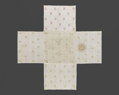 Church napkin. Church napkin of thin white linen sewn from five rectangular pieces of fabric in the