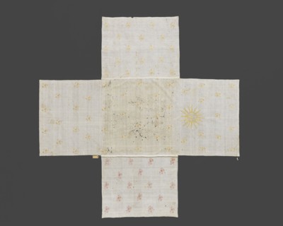 Church napkin. Church napkin of thin white linen, sewn from five rectangular pieces of fabric in