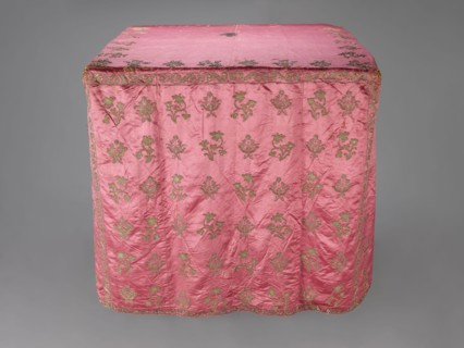 Church cope, liturgical vestment, 17th century, Poland. Made of raspberry satin, embroidered with