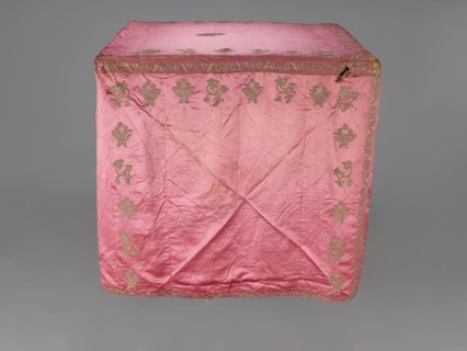 Church cope, liturgical vestment, 17th century, Poland. Made of raspberry satin, embroidered with