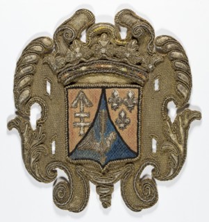 Coat of arms cartouche, embroidery; coat of arms cartouche with a tripartite shield under a crown