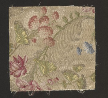 Fabric fragment, silk, 18th-century France. Background: cannetillé white; brocaded pattern in