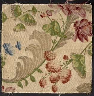 Fabric fragment, silk, 18th century France. Background: cannetillé white; pattern brocaded with