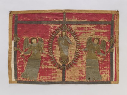Antependium, antependium;, Raised embroidery applied to red silk satin: in the center Mary and