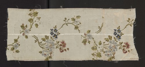 Fragment of silk fabric, patterned brocade, 18th century France. Floral design with dark and light