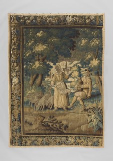 Figural tapestry, flowers, sheep, trees, bagpipes, landscapes, buildings, borders, folk musical