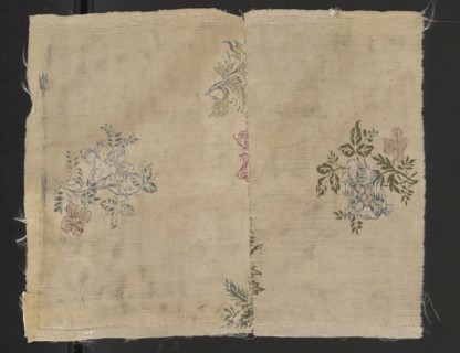 Fabric fragment, fragments of silk patterned fabric with preserved selvedge; floral bouquet motifs