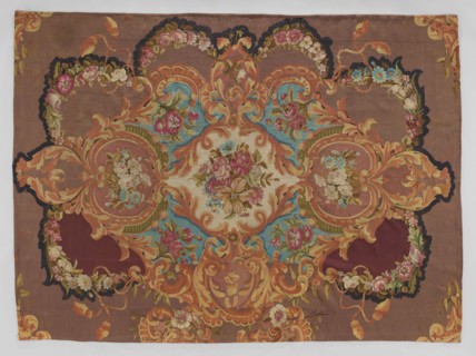 Ornamental tapestry, Cut from a larger piece; in the center, a bouquet of flowers in a medallion