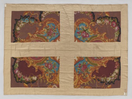 Ornamental tapestry, Cut from a larger piece; in the center, a bouquet of flowers in a medallion