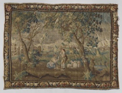 Figural tapestry, flowers, floral ornaments, fruit, trees, pastoral depictions, interior