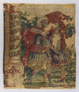 Fragment of a figural tapestry, flowers, leaves, floral ornaments, warriors, armor, fabrics,