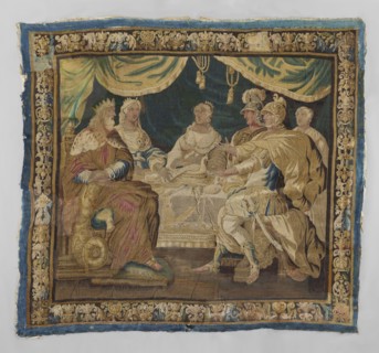 Figural tapestry, provenance, subject: royal feast — around a table under hanging draperies sit a