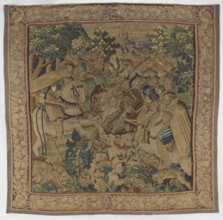 Figural tapestry, provenance unknown. In the foreground at the edge of a forest, among low