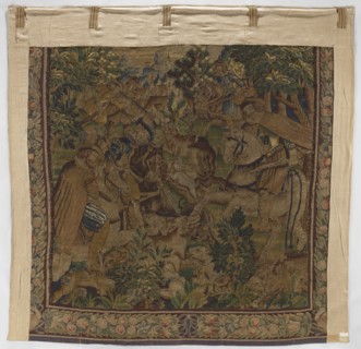 Figural tapestry, Scene: in the foreground at the edge of a forest, among low vegetation, dogs