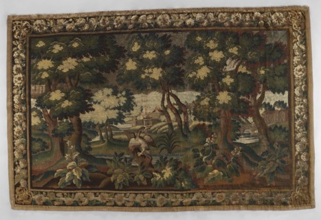 Tapestry — verdure;, In the center, on the trunk of a broken tree, a duck sits among clumps of