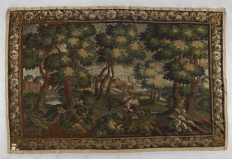 Tapestry — verdure. In the center, on the trunk of a broken tree, a duck sits among clumps of
