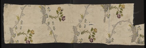 Fabric fragment, silk, unknown provenance; fragments of 18th-century patterned silk fabric with