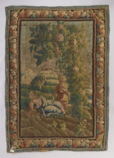 Figural tapestry depicting pastoral scenes with floral ornaments and borders. In the center