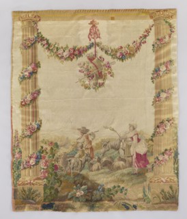 Figural tapestry: Pastoral scene with a shepherd, a shepherdess, and a boy. In the center, a man