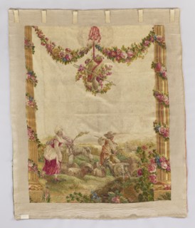 Figural tapestry, Pastoral scene with a shepherd, a shepherdess, and a boy. In the center of the