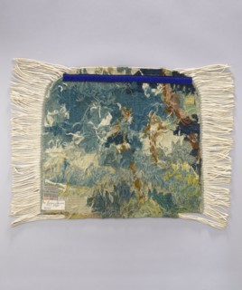 Tapestry chair cover, repossession provenance; motifs: leaves, trees, landscapes, castle buildings