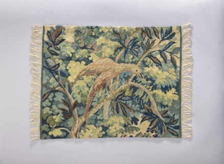 Tapestry chair cover, Repossession provenance. Design: leaves, floral ornaments, trees, birds,