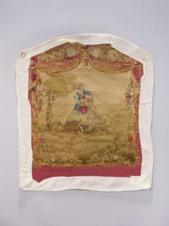 Tapestry covering, Design: flowers, floral ornaments, boys, pastoral scene with draperies suspended