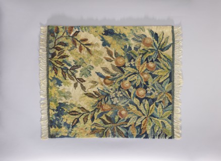 Tapestry chair cover, Repossession provenance. Design: flowers, leaves, trees, landscapes; fruit