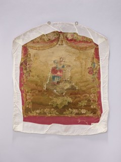 Tapestry covering, creator unknown, provenance, depicts flowers, leaves, floral ornaments, girls,