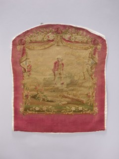 Tapestry covering, provenance, depicts flowers, leaves, floral ornaments, boys, pastoral scenes,