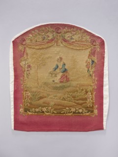 Tapestry covering, provenance, depicts flowers, floral ornaments, pastoral scenes, boys; fabrics