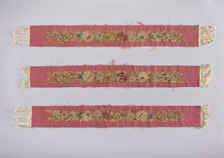 Six tapestry strips, creator unknown, origin, floral ornaments on fabrics for interior decoration;