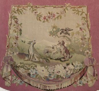 Tapestry armchair seat cover, Wool tapestry with figurative motifs: dogs, birds including a raven,