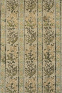 Fabric fragment. Gold-plated silk with a motif of irises and carnations in vertical stripes. Floral
