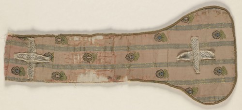 Fragment of a maniple made of crimson silk fabric with a striped and fine-thread motif. Salmon