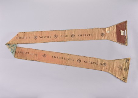 Stole, Stole made of blue satin, embroidered with a floral tendril motif. In the center of each